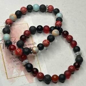 Red Agate & Lava Stone Bracelet Set